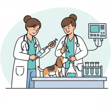 Two veterinarians in lab coats preparing medication and conducting tests on a dog in a veterinary clinic.