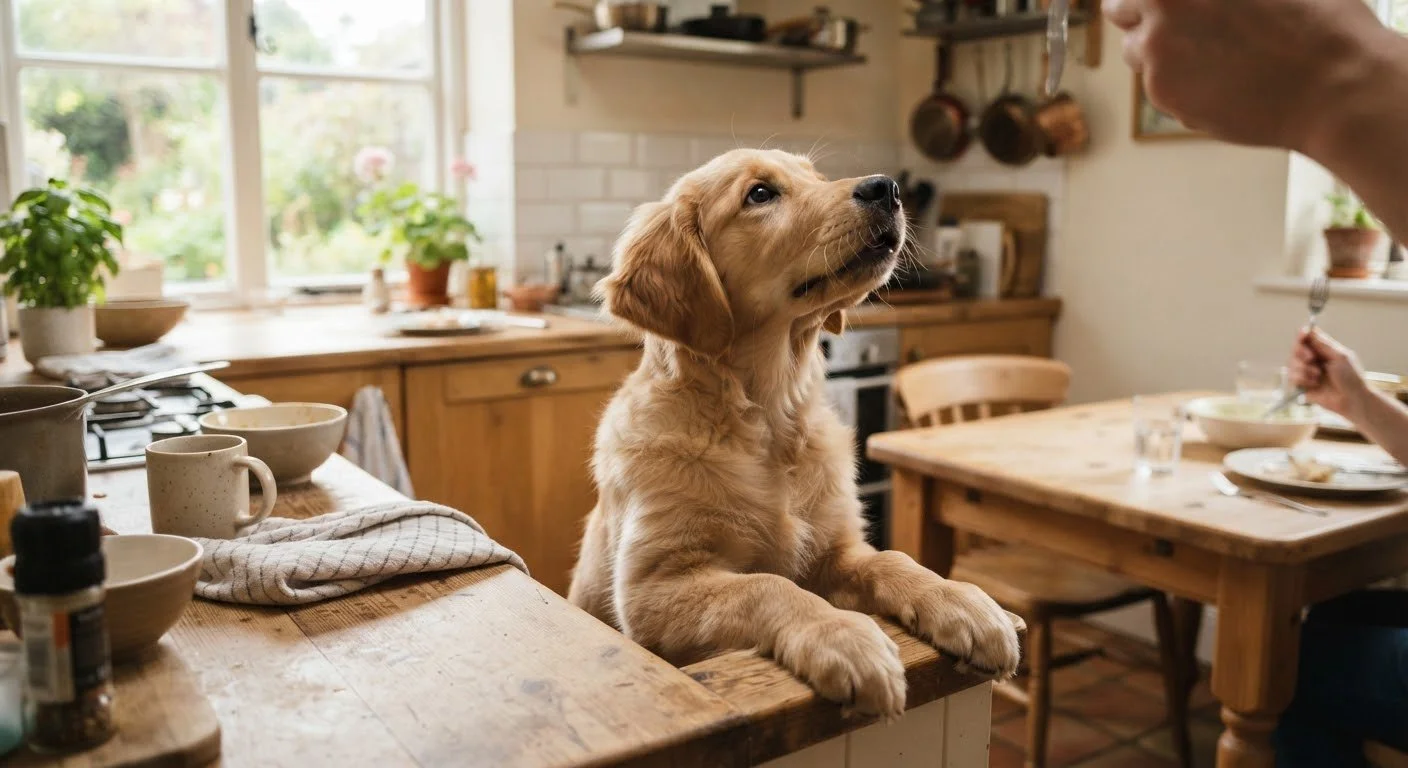 Bodrum Horizon Veteriner Kliniği - Mutfak tezgahında merakla bakan sevimli köpek