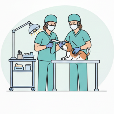 Two veterinarians in scrubs and masks examining a dog on an examination table in a veterinary clinic.