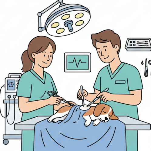 Veterinarians performing surgery on a dog in an operating room.