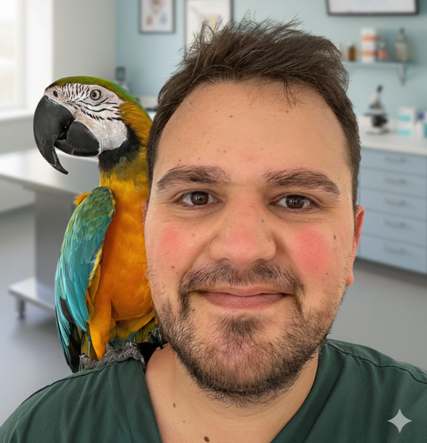 A man with short brown hair and a beard taking a selfie with a colorful macaw parrot perched on his shoulder in a room with light blue walls and medical equipment.