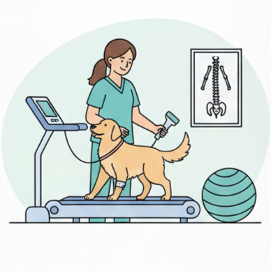 A veterinarian using a stethoscope on a Golden Retriever dog that is on a treadmill in a veterinary clinic with an x-ray of a spine on the wall and a large exercise ball nearby.