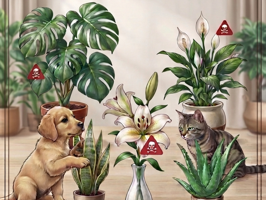 Kedi ve köpekler için toksik olan yaygın ev bitkileri (monstera, barış çiçeği, zambak, paşa kılıcı, aloe vera) ile birlikte resmedilmiş kedi ve yavru köpek.