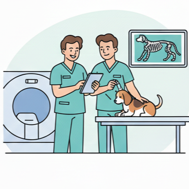 Two veterinary professionals examining a dog in a veterinary clinic with medical equipment and an X-ray of a dog on a screen.