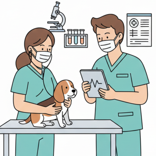 Two veterinarians in scrubs and masks examining a dog on an examination table, with medical equipment and a chart in the background.