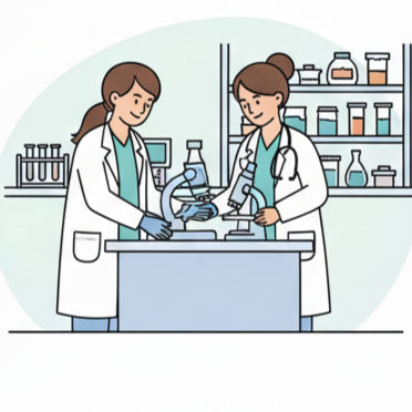 Two female scientists working in a laboratory, handling a microscope and testing equipment.