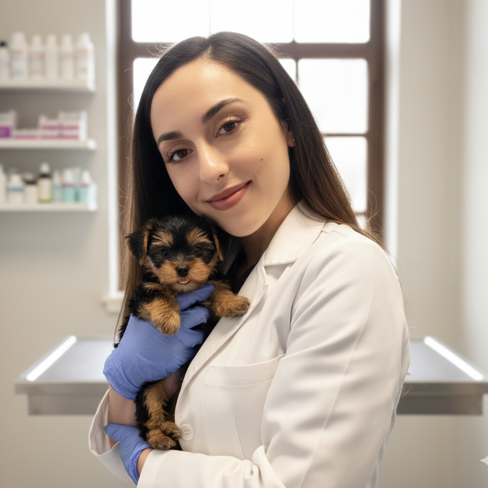 A female veterinarian holding a small black and brown puppy in a clinical setting.