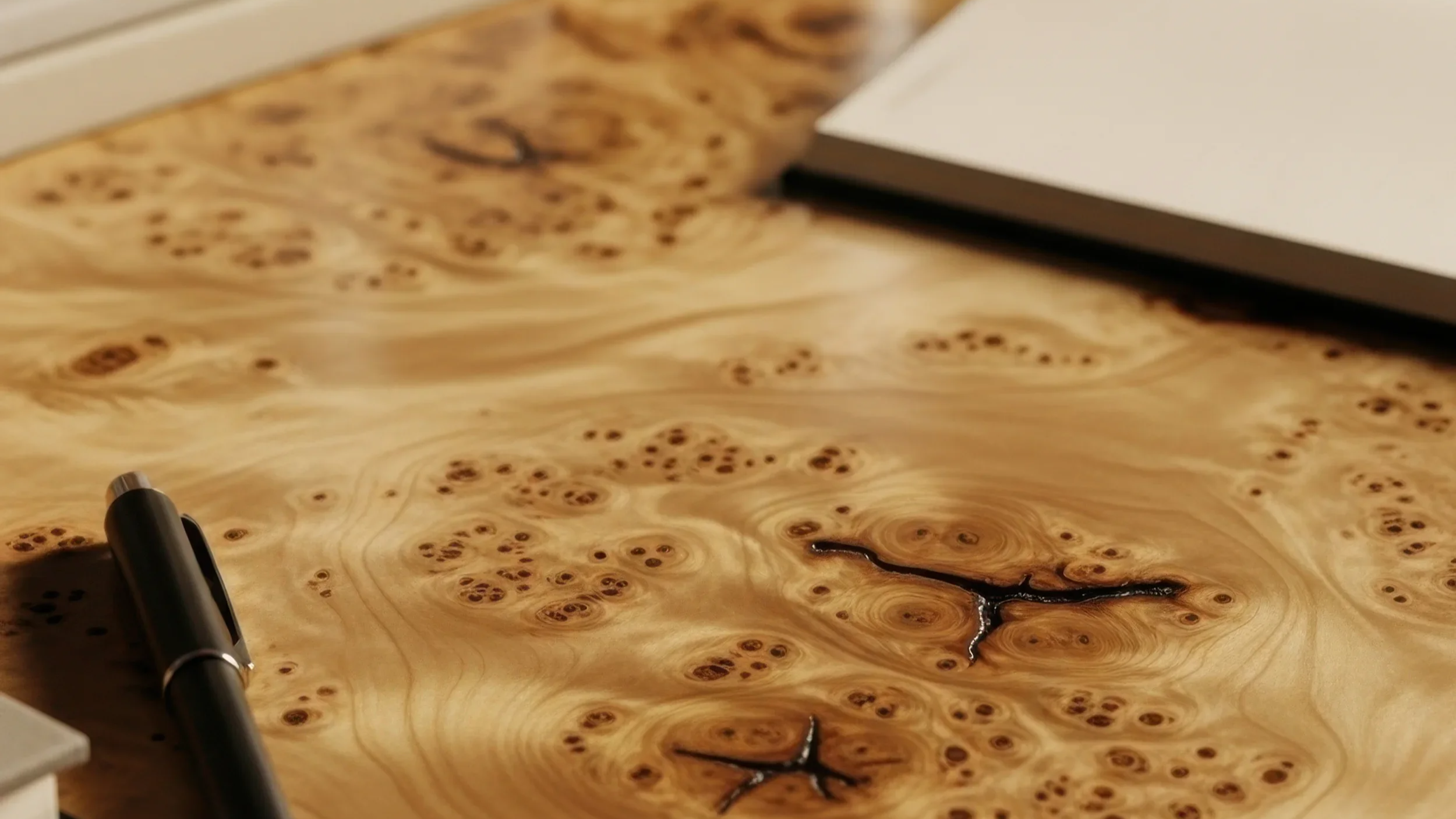 Close-up of a wooden surface with natural patterns, knots, and a crack, with a pen and a closed notebook nearby.