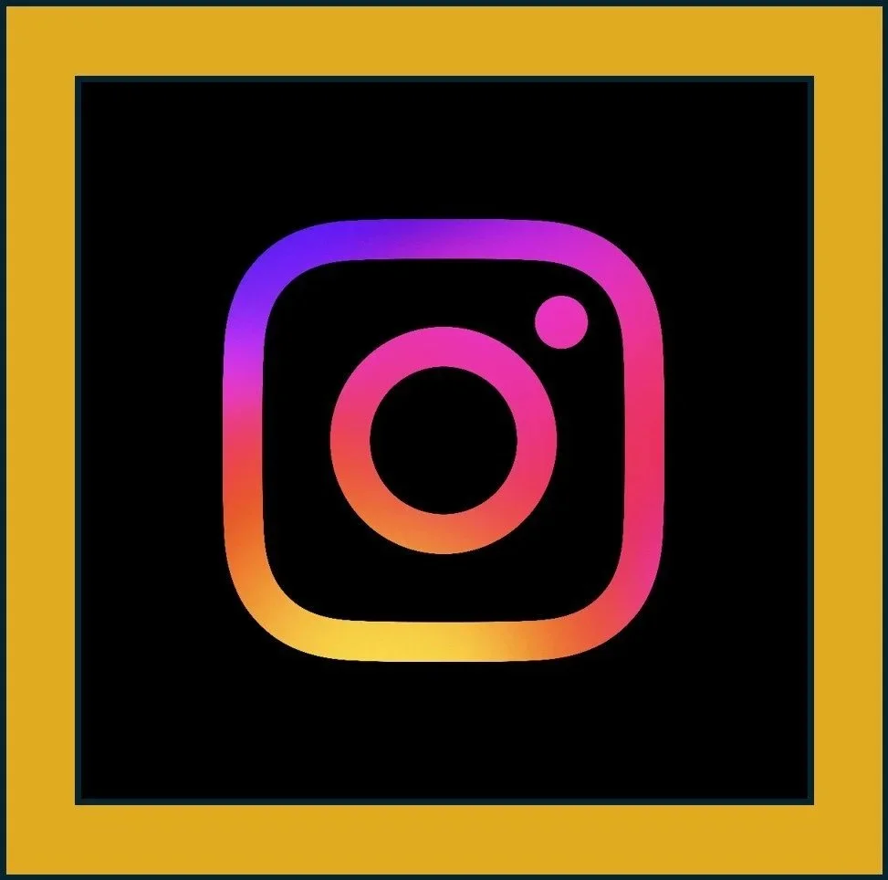 Instagram logo with a gradient color scheme on a black background, framed by a gold-colored border.