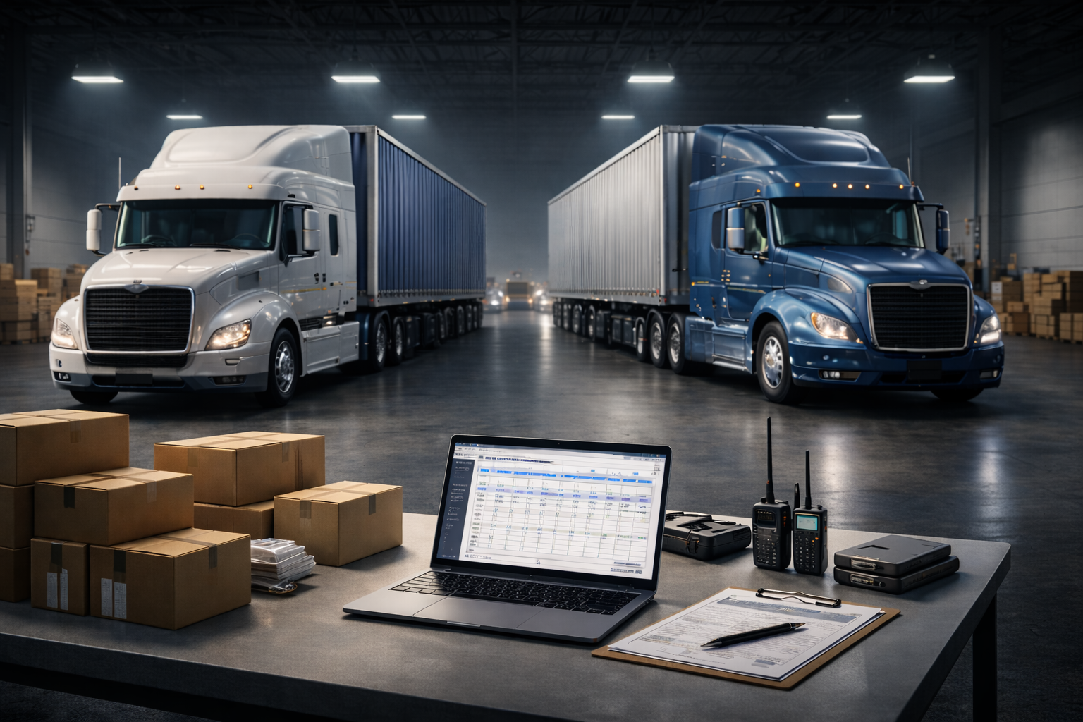 A warehouse with two large semi-trucks, one white and one blue, parked inside. In the foreground, there is a table with packages, a laptop displaying logistics data, two radios, a clipboard with papers, and other equipment.