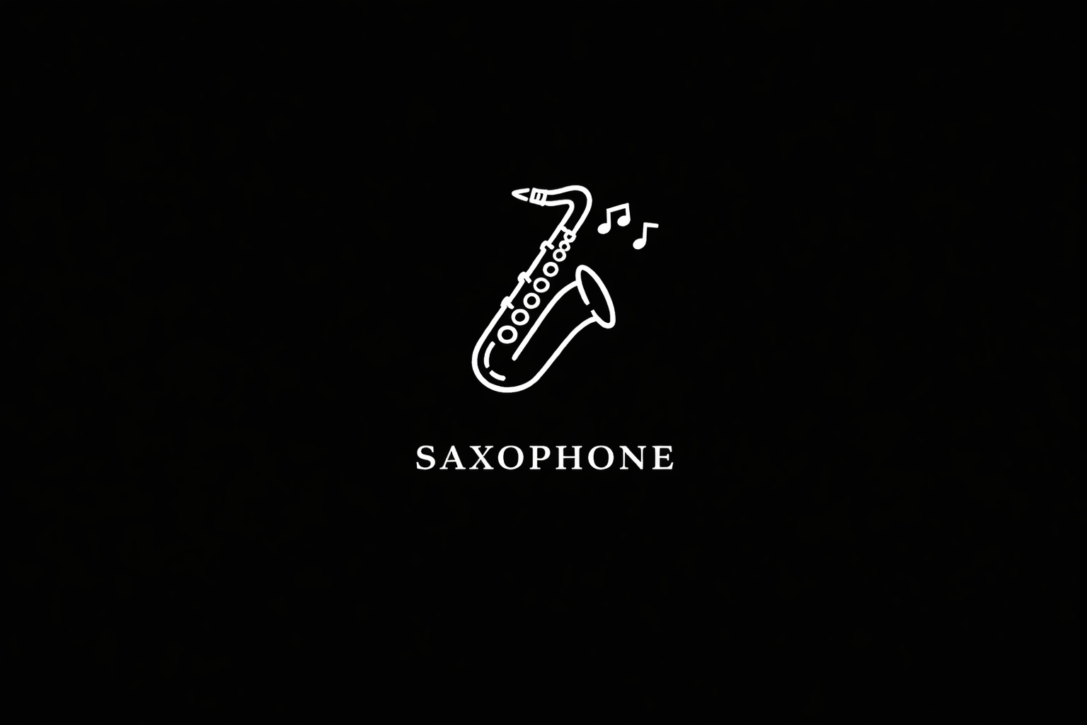 Minimalist line drawing of a saxophone with musical notes, and the word 'SAXOPHONE' below.