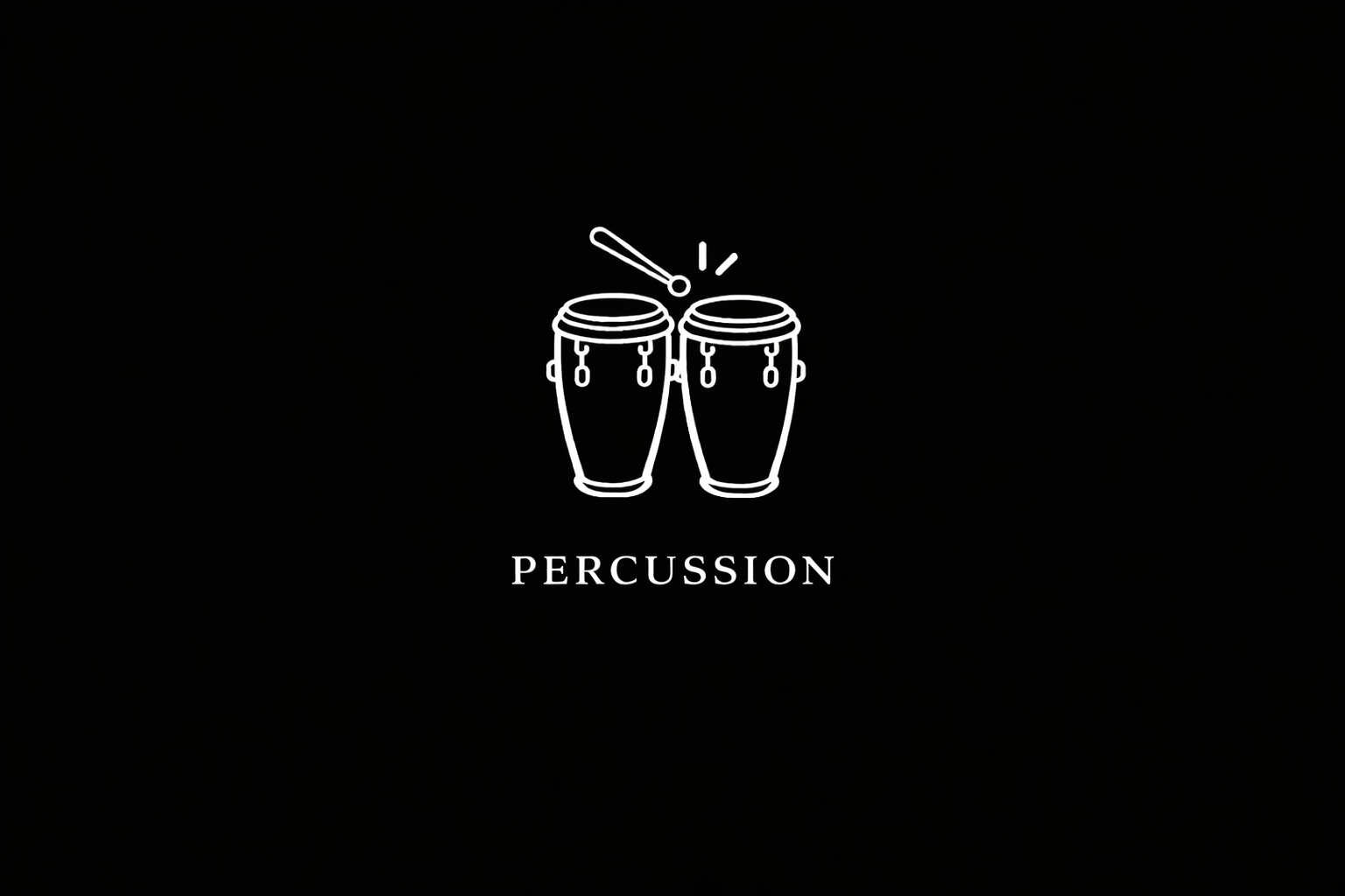 Line drawing of two conga drums with a drumstick striking one, and the word "Percussion" below.