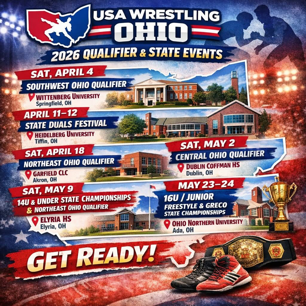 Graphic poster for 2026 USA Wrestling Ohio events, with event dates, locations, and images of wrestling matches, a trophy, wrestling shoes, and a belt, themed with American flag colors.
