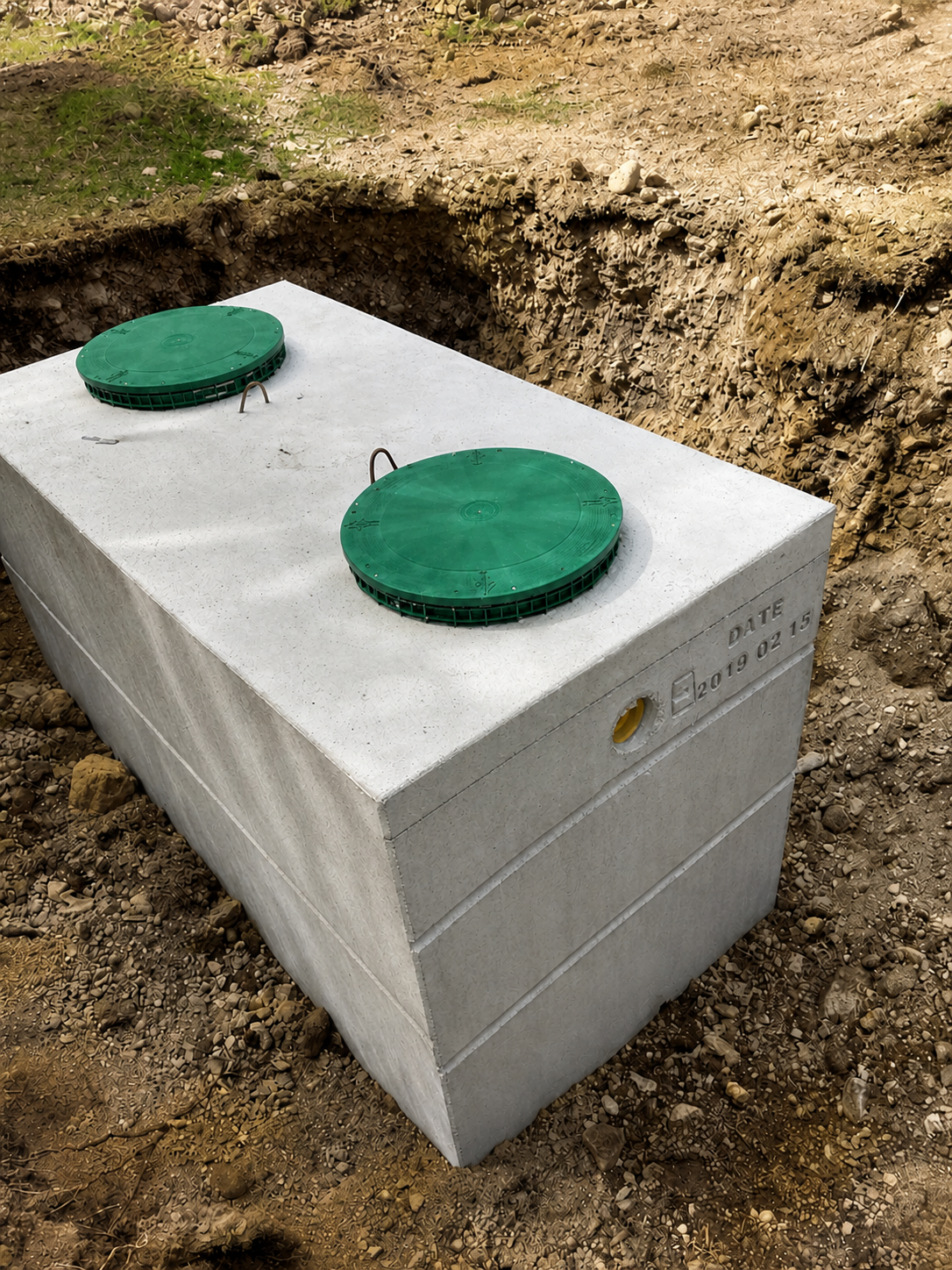 An underground utility vault with two green circular covers, situated on a concrete surface in a rough dirt area.