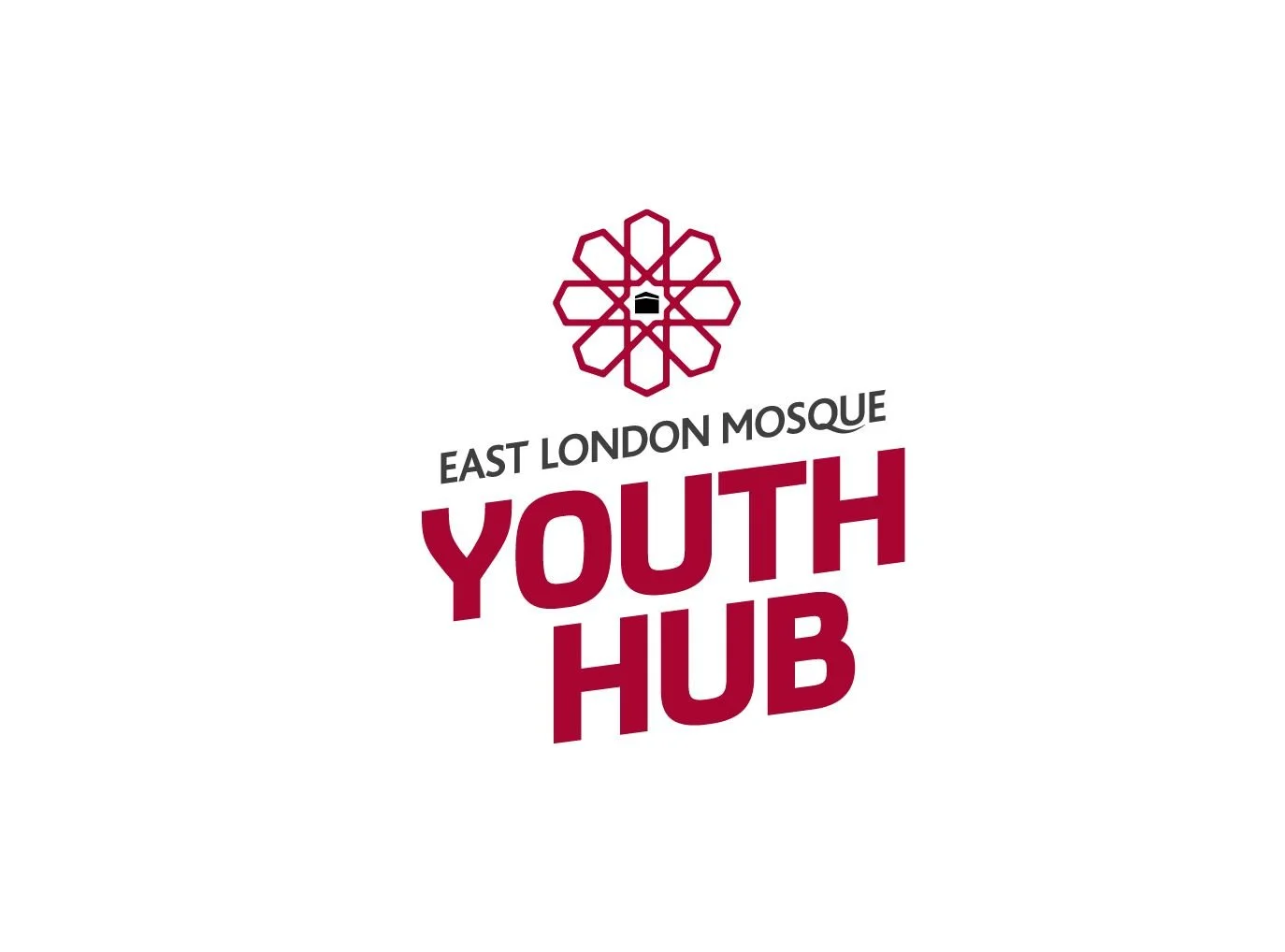 Logo for East London Mosque Youth Hub featuring a geometric flower symbol with a small mosque silhouette in the center, and the text "East London Mosque Youth Hub" in black and maroon.