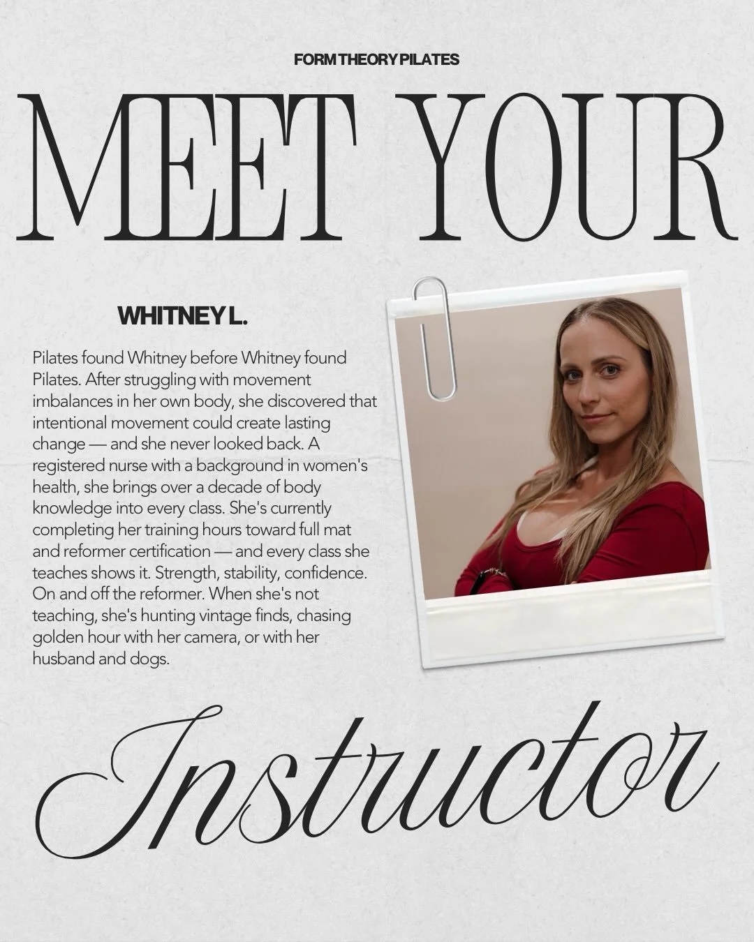 Meet Whitney L. She&rsquo;s a registered nurse, a Pilates lover, and one of the warmest people you&rsquo;ll ever take a class from. She found this practice through her own pain and imbalances &mdash; and it changed everything for her. Now she brings 