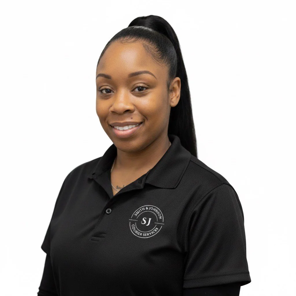 Young woman with dark hair in a high ponytail, smiling, wearing a black collared polo shirt with a logo on the left side that says "SJ" and includes the text "Smith & Johnson Courier Service."