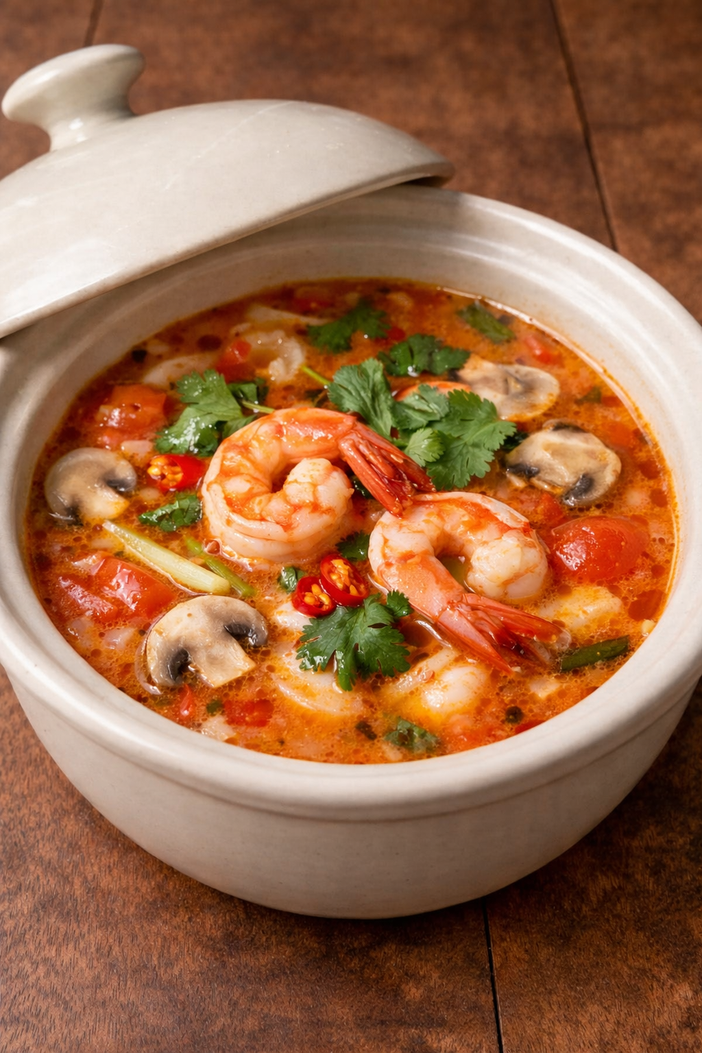 Tom Yum prawn and mushrooms.  🌶️ 🌶️
