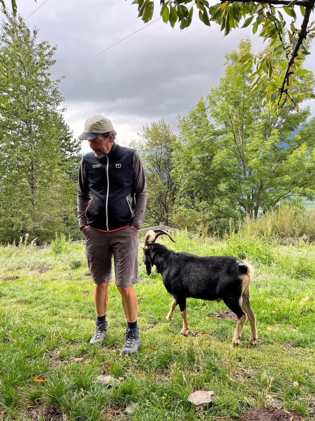 Ein Mann mit grauen Haaren und Bart, trägt eine schwarze Weste, graue Shorts, einen Hut und Wanderschuhe, steht im Grünen unter einem Baum mit einem Ziegenbock. Der Himmel ist bewölkt.