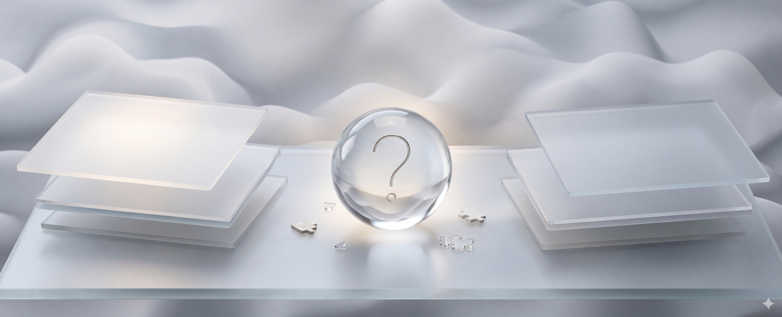 Beyaz bir yüzey üzerinde, ortasında soru işareti bulunan cam küre ve iki tarafta ince cam kareler ve puzzle parçaları yer alıyor, arka planda hafif dalgalı beyaz kumaş.