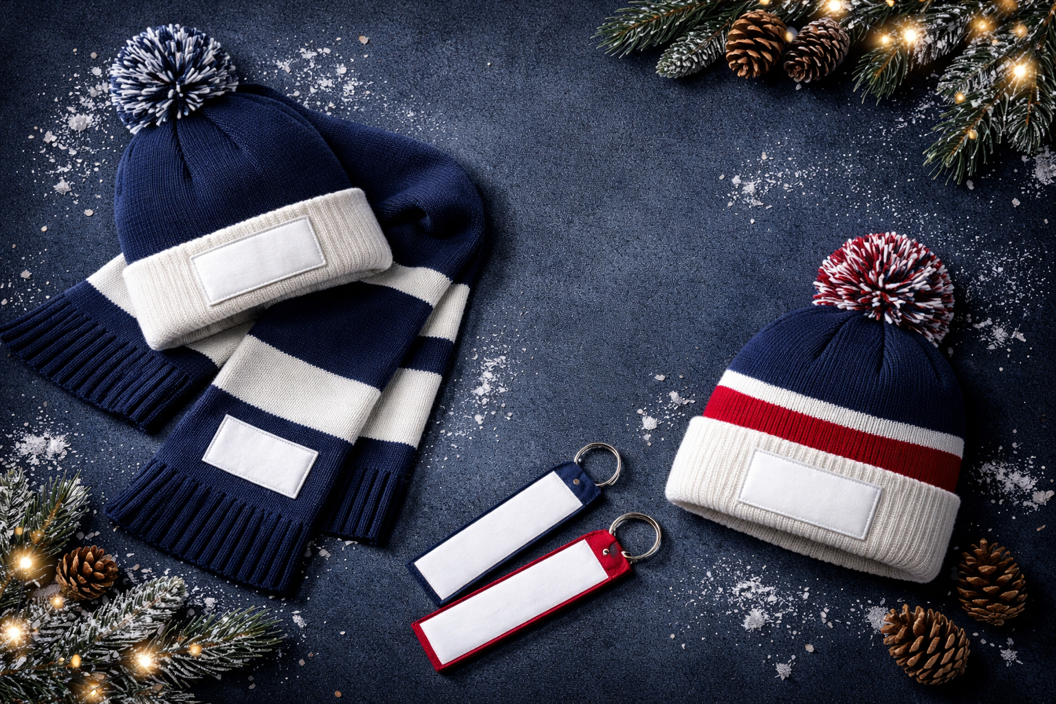 Two winter hats with pom-poms, a blue and white scarf, two keychains with blank tags, pinecones, and frosted pine branches with lights on a dark surface