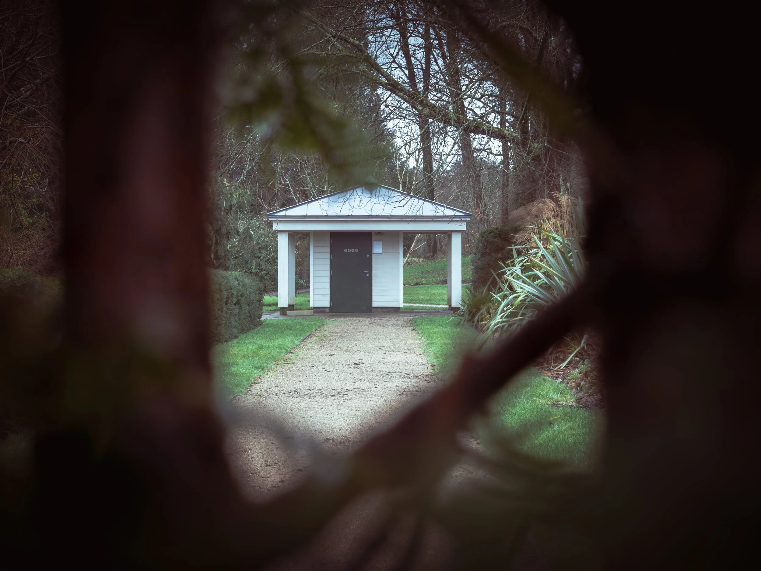 View of a small white building viewed through branches, with a gravel path leading up to it, set in a garden with green grass and bushes.