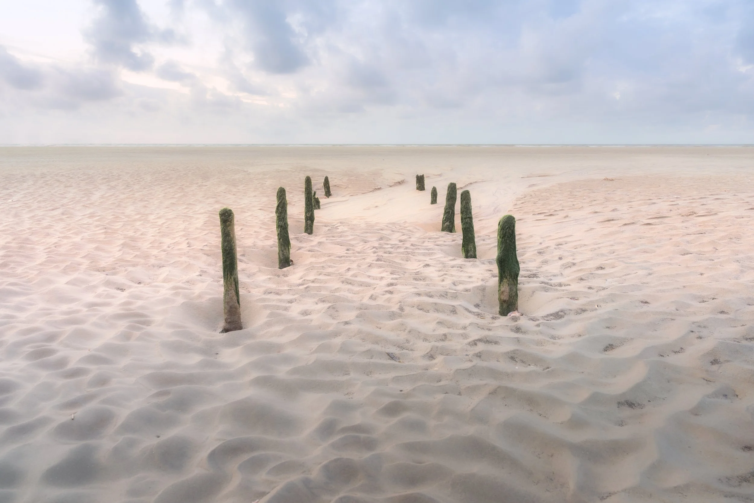 A sandy beach with weathered wooden posts arranged in a line, leading towards the horizon under a cloudy sky.