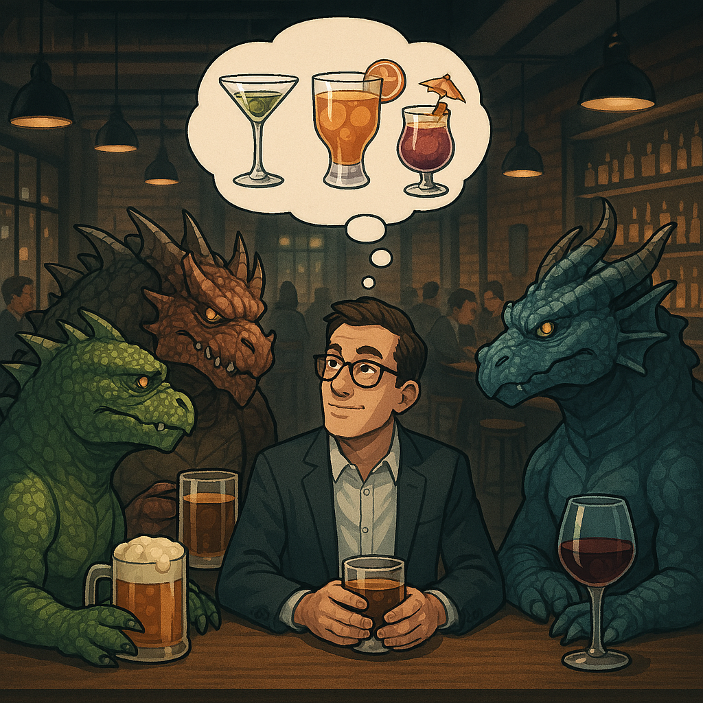 A person in a suit sitting at a bar table with three dragons. The person is thinking about mixed drinks, including a cocktail, a beer, and a wine.