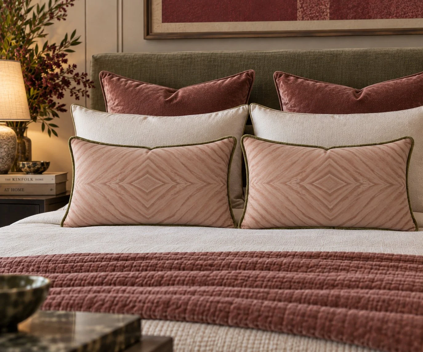 60x40 pink sadfolds cushions with olive trim.jpg