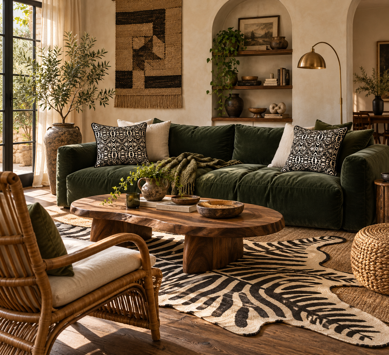 Forest green sofa with twin patterned cushions.png