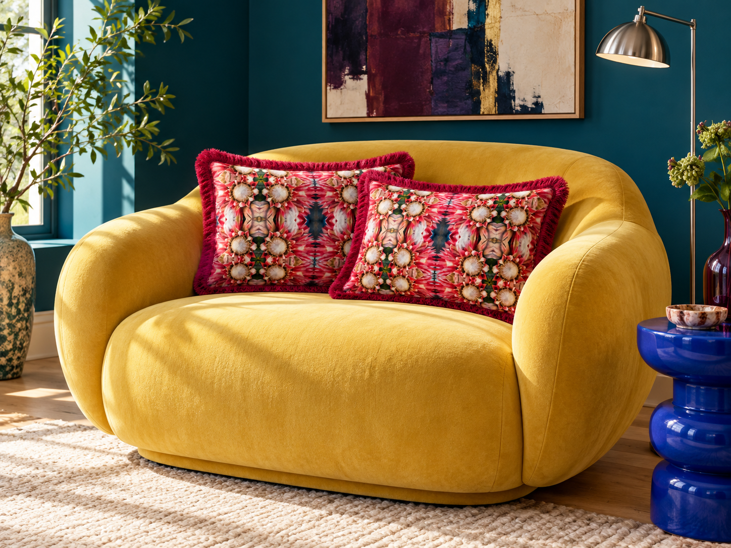 Berry velvet cushions on a bold armchair.png