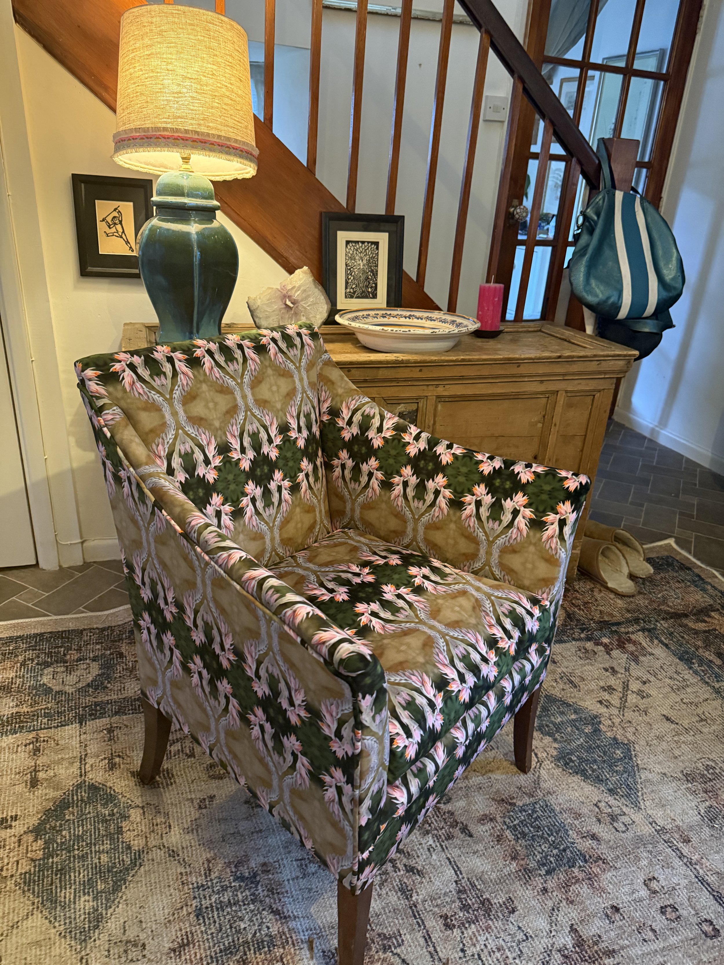 Upcycled armchair covered in recycled velvet Mexican Gold , ZIGGATI print.