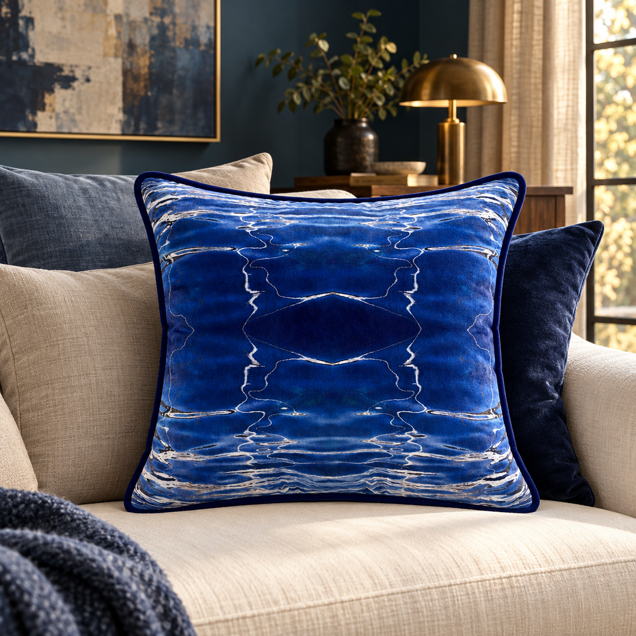 Deep Blue Reflection Cushion on Ivory Sofa.png