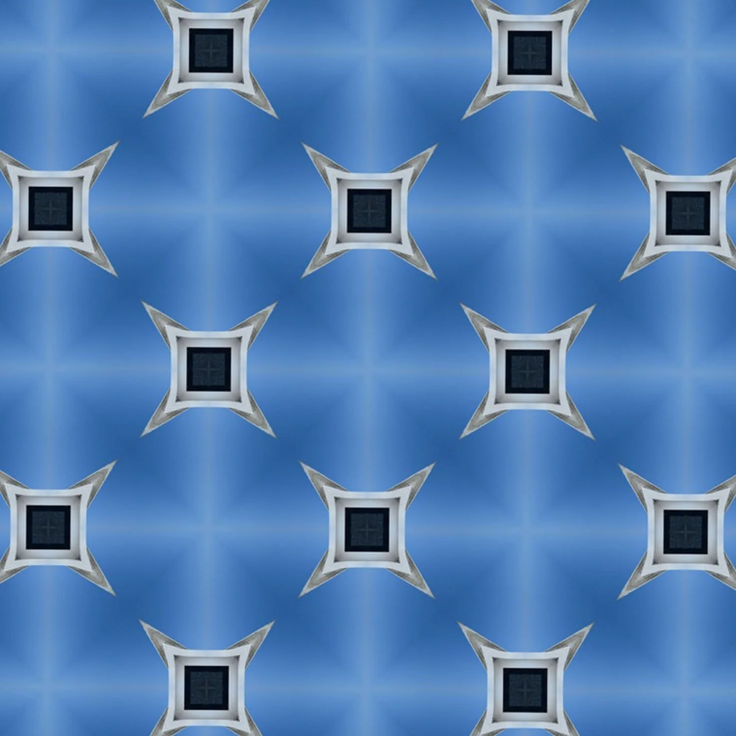 Repeating pattern of gray and white star-shaped structures with black centers against a blue background.