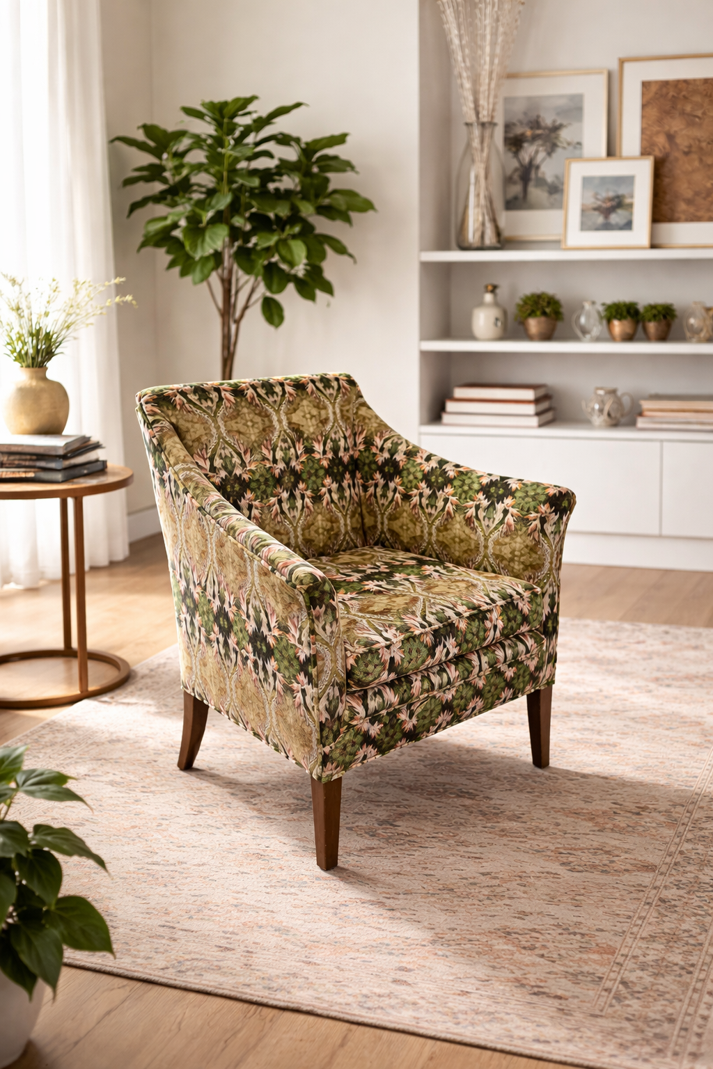A vintage floral armchair with green, pink, and beige patterns sitting on a patterned area rug in a bright, modern living room with white walls, a wooden side table, potted plants, and framed artwork.