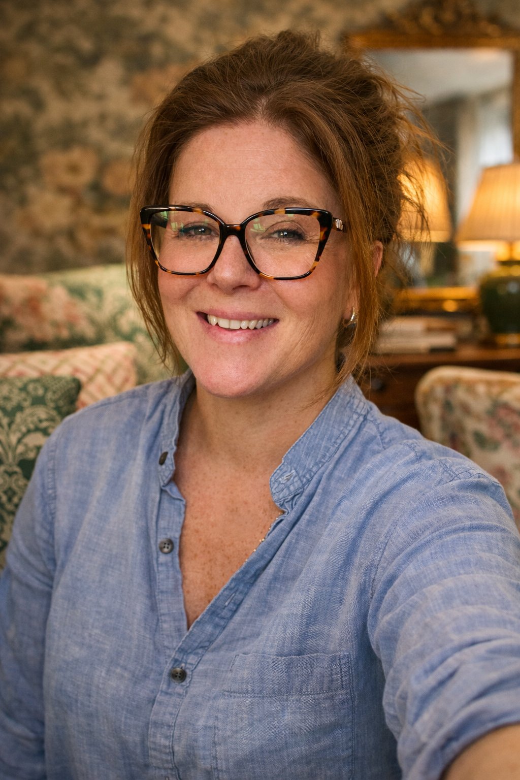 A woman with shoulder-length auburn hair wearing large tortoiseshell glasses and a light blue button-up shirt, smiling indoors with warm lighting and a stone wall in the background.