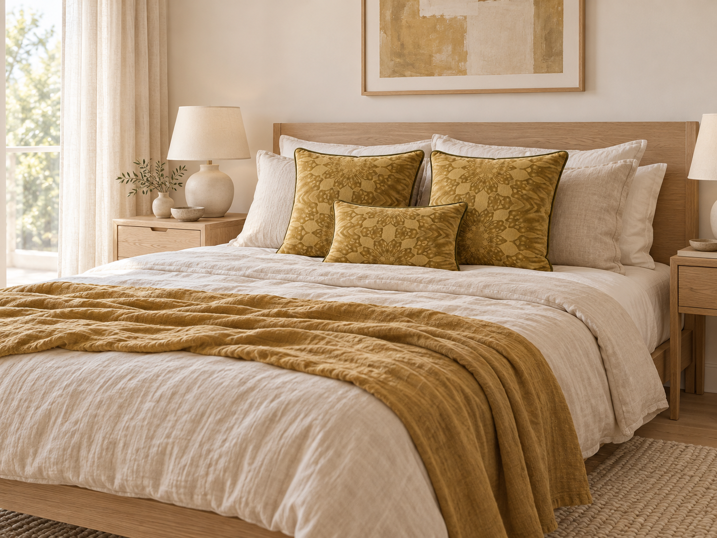 Dijon daffodil cushions in a Scandi bedroom.png
