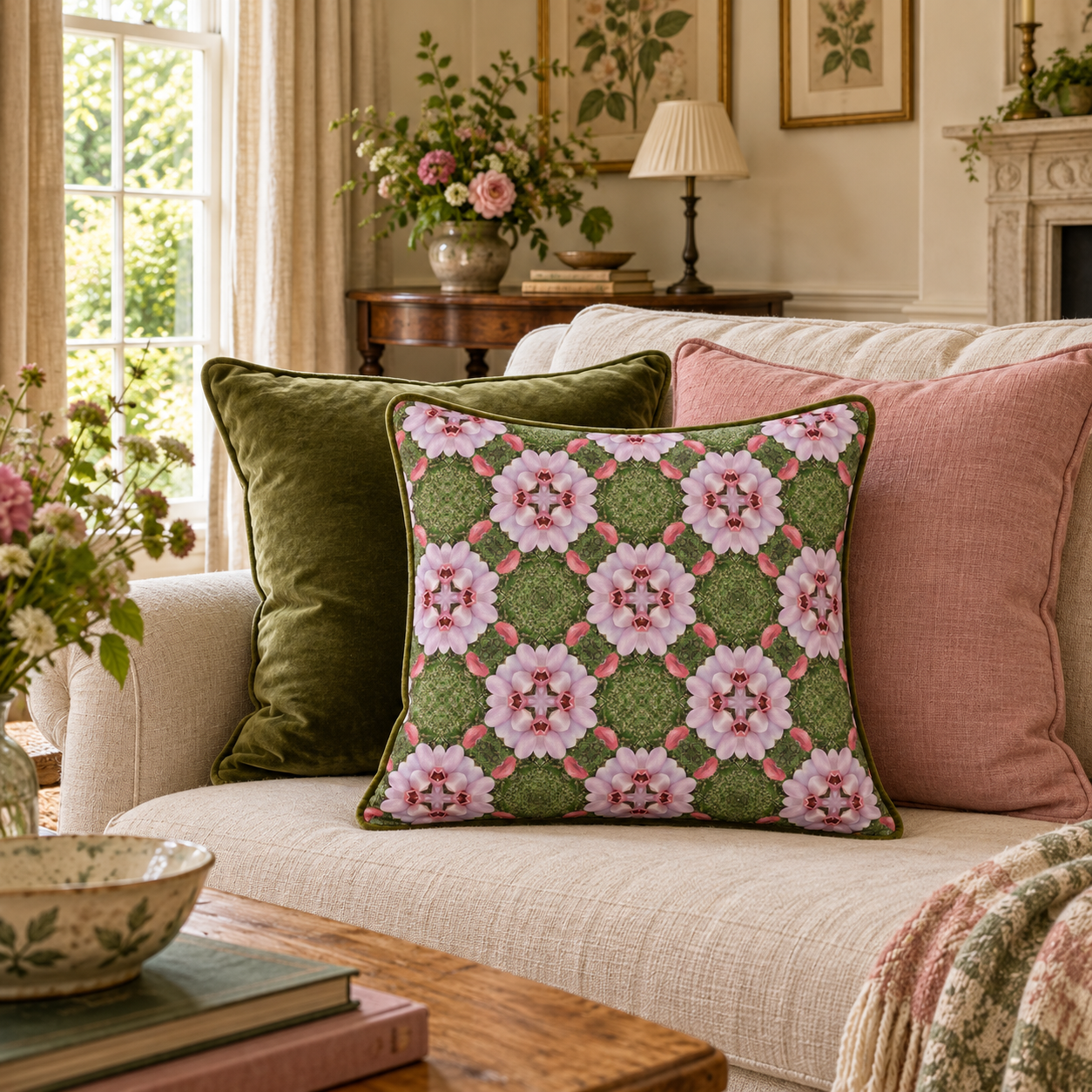 Pink and green cushion, country sitting room.png