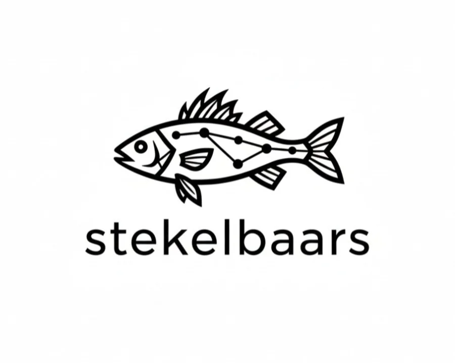 A fish illustration with a constellation pattern inside and the Dutch word 'stekelbaars' beneath it.