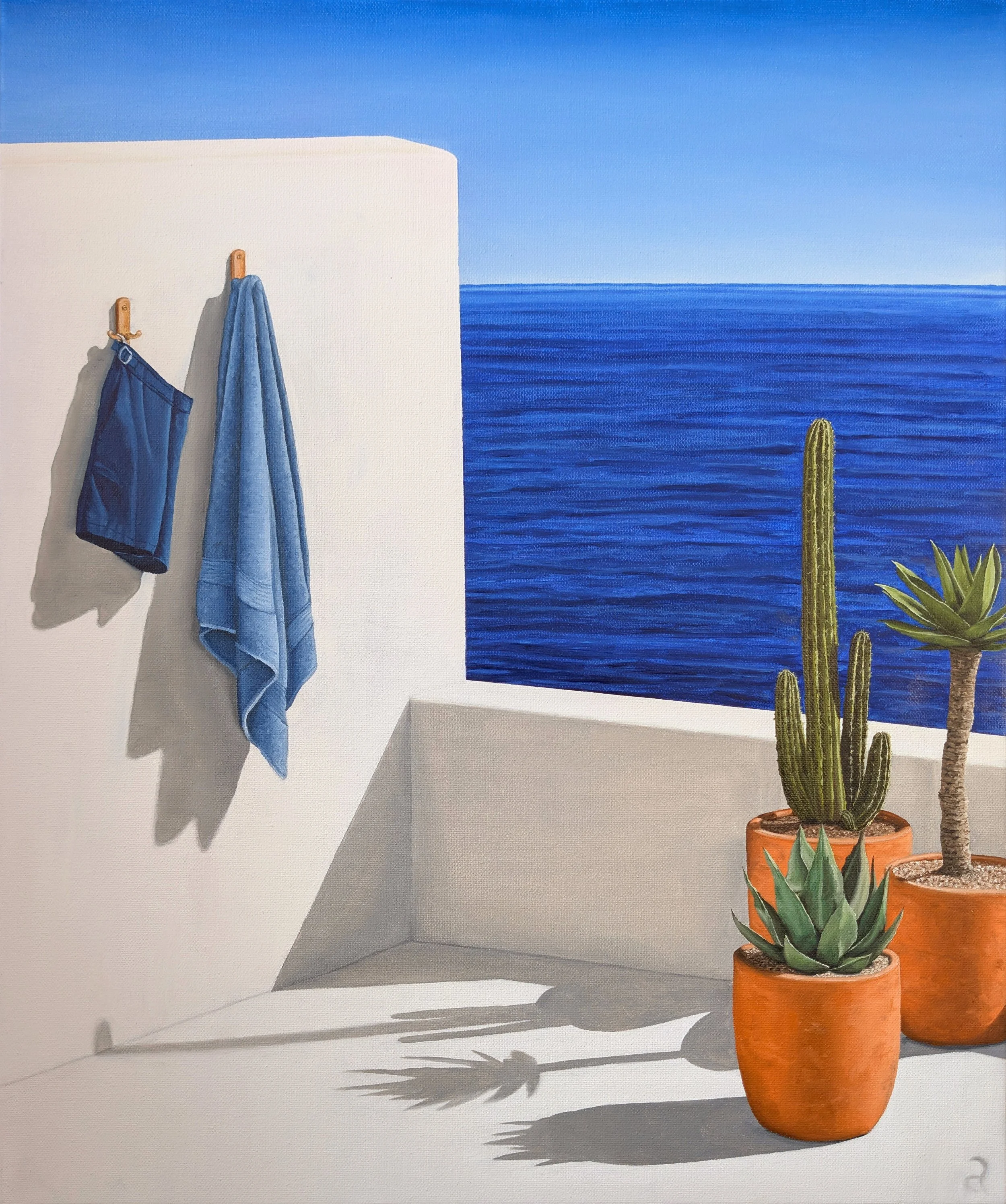 Party-of-Three-oil painting-mykanos-shorts-towel-cacti-aloe-sea-art-by-ahmet.jpg