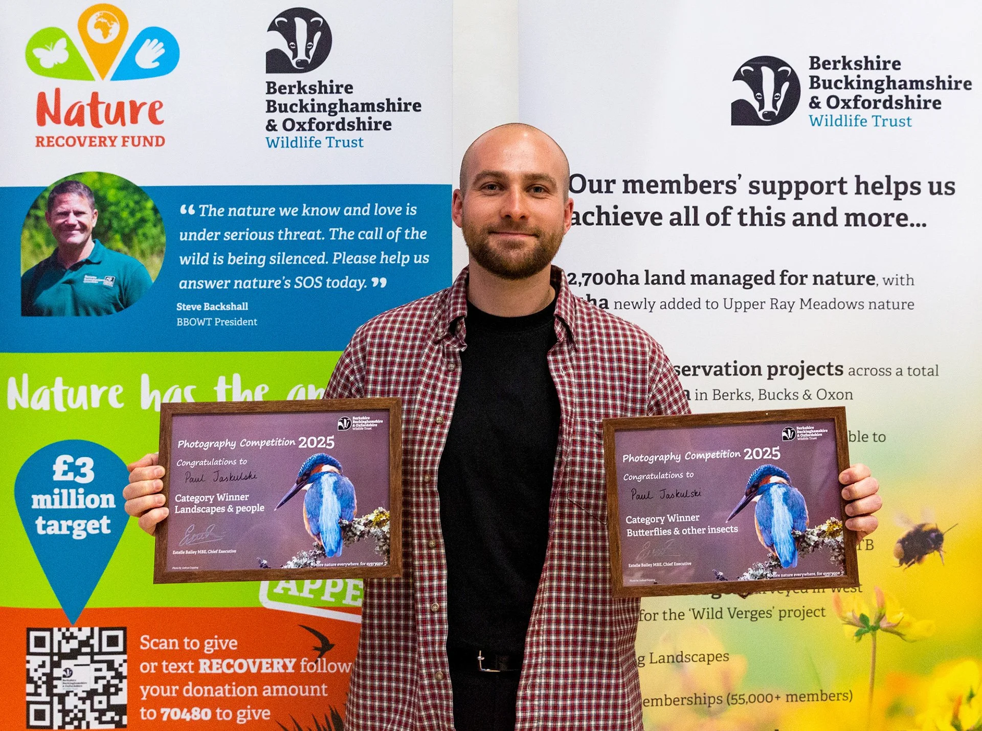 Paul Jaskulski BBOWT photography competition winner 2025 holding two awards