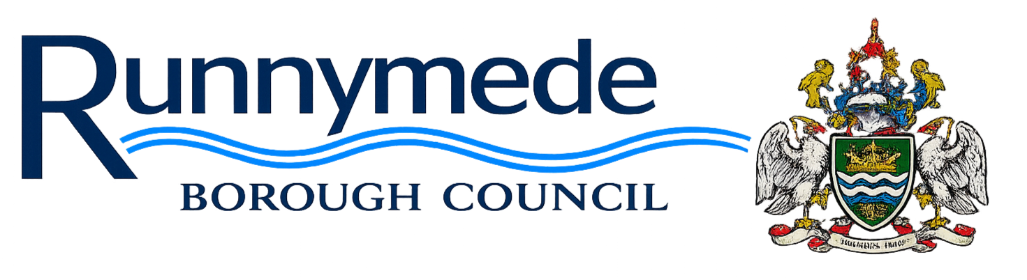 The logo of Runnymede Borough Council featuring a stylized blue wave and a crest with a shield, two swans, and a detailed coat of arms.
