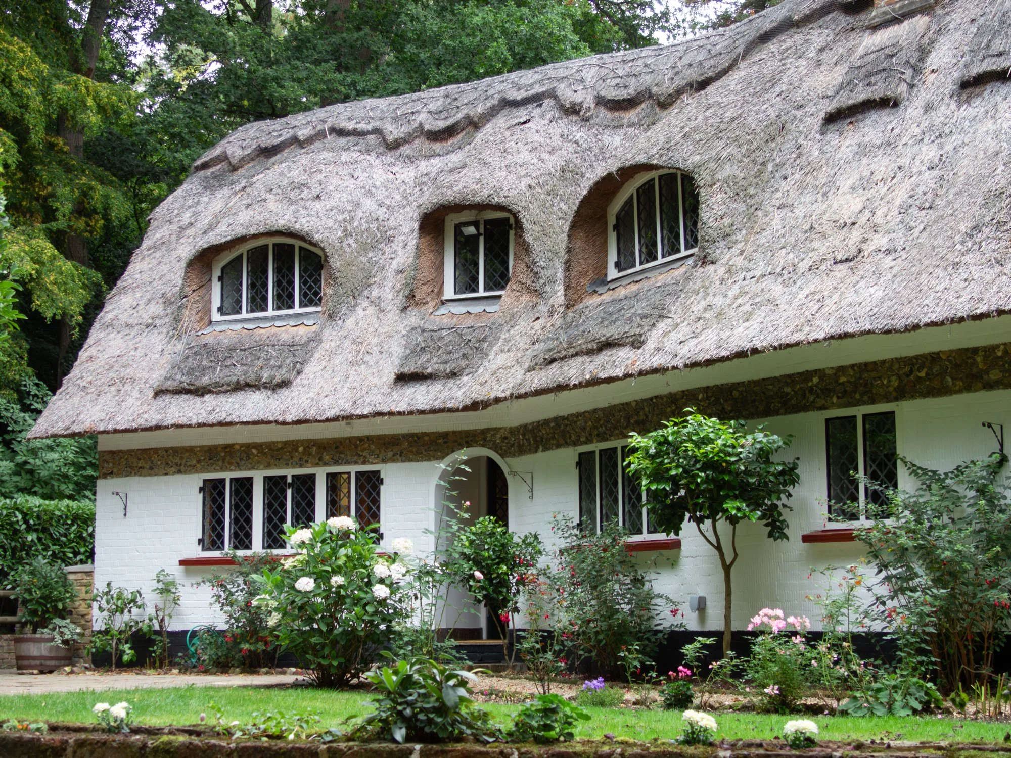 A charming house with a thatched roof and white brick walls, surrounded by a lush garden with blooming flowers and trees.