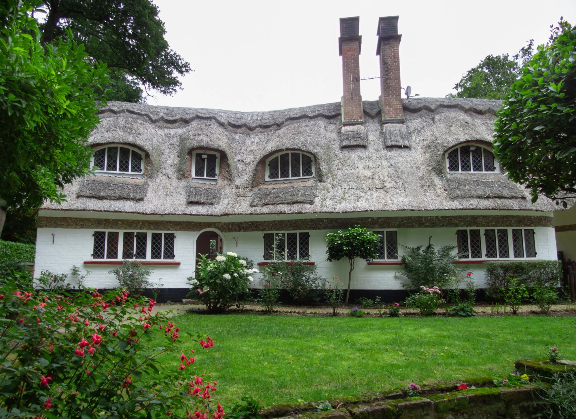 A cozy cottage with a thatched roof, white brick walls, and black-rimmed windows is surrounded by a lush green garden with blooming flowers and bushes.