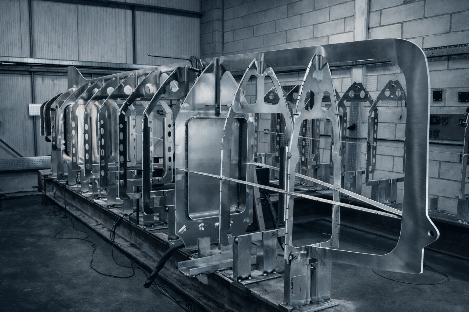 Metal framework structure inside an industrial workshop or factory with concrete and brick walls.