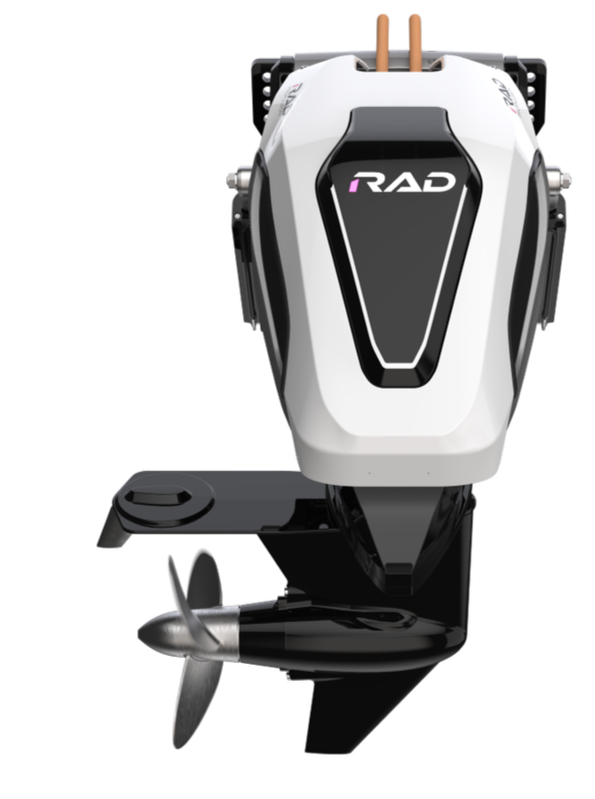A white and black outboard motor with the logo 'iRAD' on the front, attached to a boat.