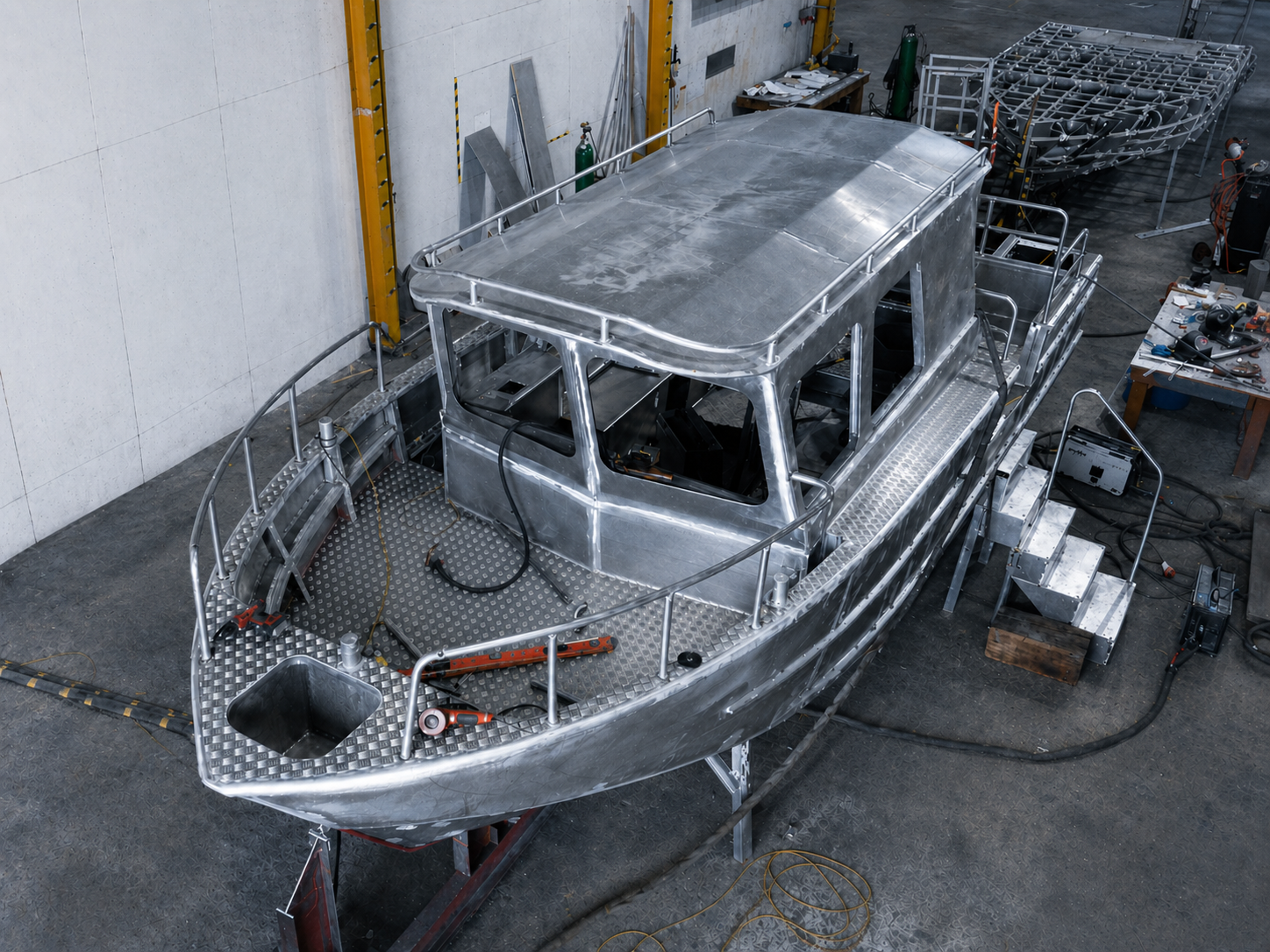 A metal frame of a boat in a workshop, with various tools and equipment around, and a workbench in the background.