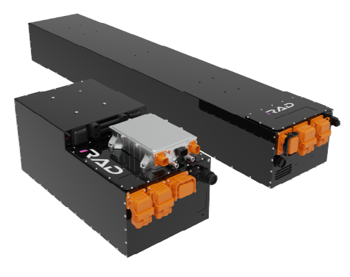 Two large black industrial battery packs with orange and black connectors and electronic components on top.