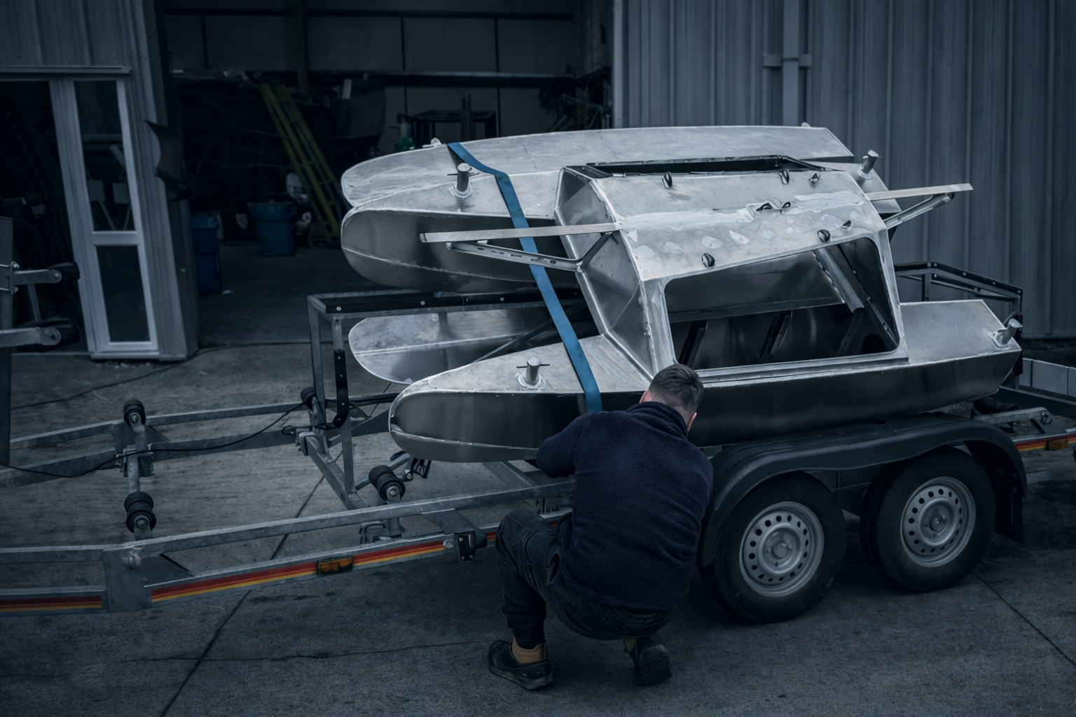 A man working on a race car chassis on a trailer in a workshop.