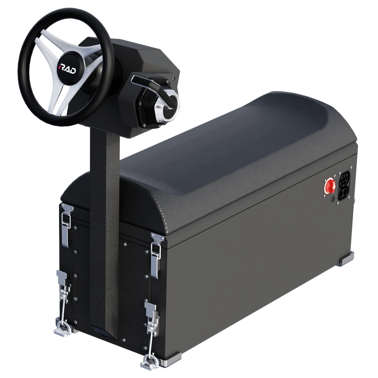 Sim racing chair with a racing wheel and pedal set
